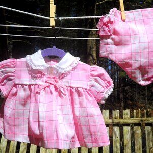 VTG Baby Girls Pink & White Plaid Dress & Ruffled Diaper Cover Set 6-9, 9-12M